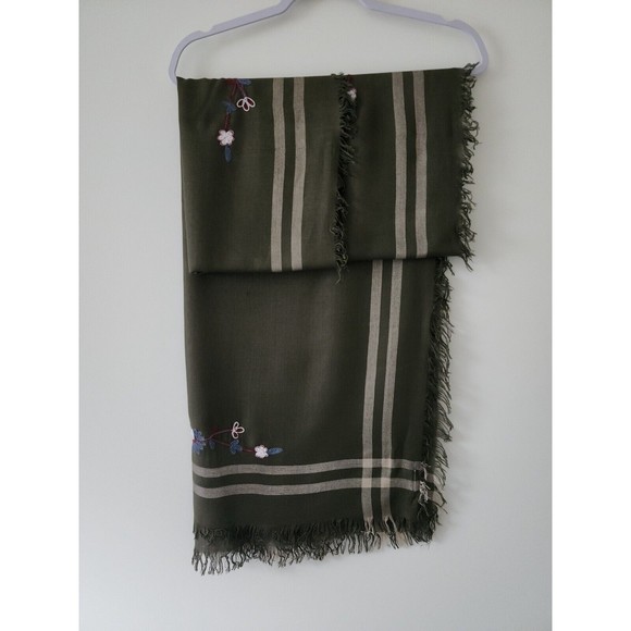 Isa & Stef Womens Embroidered Scarf Wrap Viscose Military Green Fringe 24"x74" - Picture 4 of 8